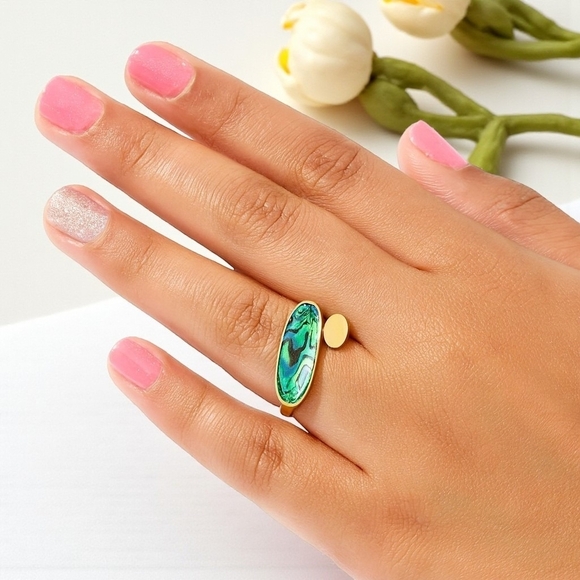 ๐๏ธ Boho Chic Adjustable Ring Abalone Shell 18K Gold Plated S925 Sterling Silver - Picture 12 of 16